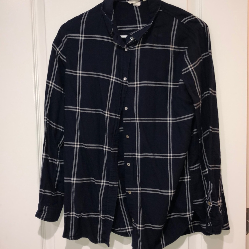 Navy blue plaid button down top